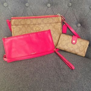 Pretty tan & pink purse or cross body purse. With wristlet wallet.